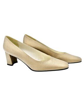 Stuart Weitzman Gold Fabric Heels 8.5 AA Block Heel Evening Shoe Elegant Classic